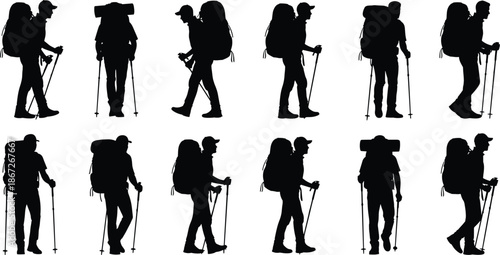 Hiker silhouettes collection, backpackers trekking with poles, outdoor adventure travelers, mountain hiking people, camping expedition concept, black isolated illustration
