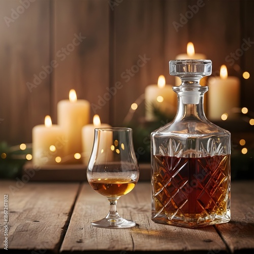 Premium Amber Whisky in Tulip Glass and Crystal Decanter on Rustic Wood Table with Golden Bokeh Christmas Lights and Candles Background