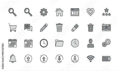 Print Minimalist Grey Line Icon Set for Web and Mobile App Interface – Vector Navigation Symbols