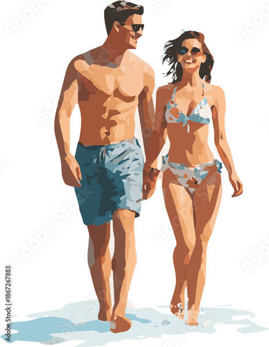 Isolated a realistic Create a realistic Couple in swimwear walking barefoot happily together in the sun vector art with white background. vector art with white background.