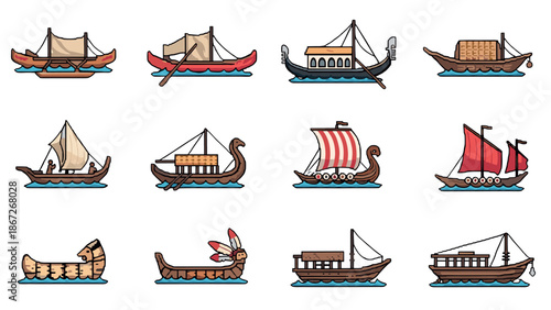 Historic boats and ships collection depicted in detailed pixel art style