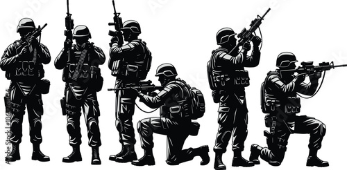 Modern military soldier silhouette set, armed tactical team poses with rifles, combat readiness concept, special forces action, black vector illustration
