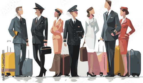 Isolated a realistic Flight crew consisting of pilots and flight attendants with travel bags standing and talking vector art with white background.