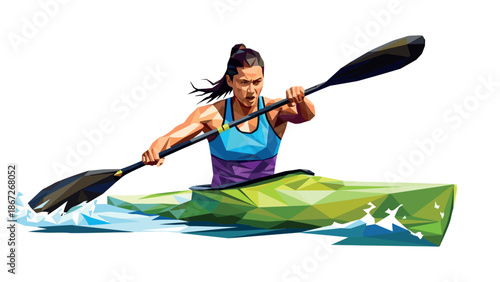 Dynamic polygon art of a determined woman kayaking on a vibrant green canoe