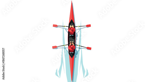 Top view of rowers in a double scull boat with dynamic water movement