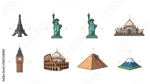 Iconic world landmarks in colorful modern design for travel and culture enthusiasts