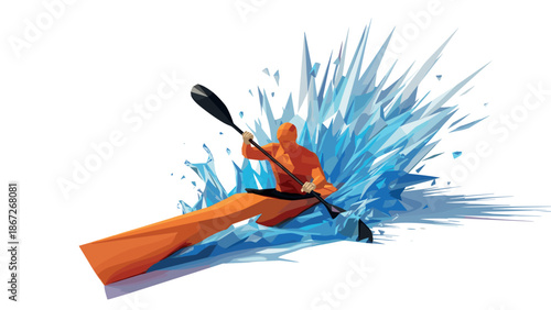 Polygonal kayaker bursting through shards of ice in dynamic adventure splash