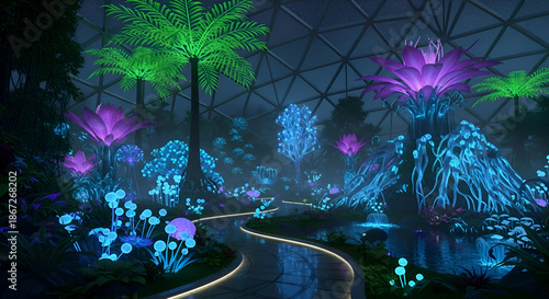 Glowing futuristic botanical garden with neon plants and winding path
