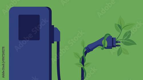 Eco-friendly electric vehicle charging station powered by renewable energy, illustrated with leaves and vines