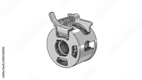 Detailed illustration of a sewing machine bobbin case with spring tension.