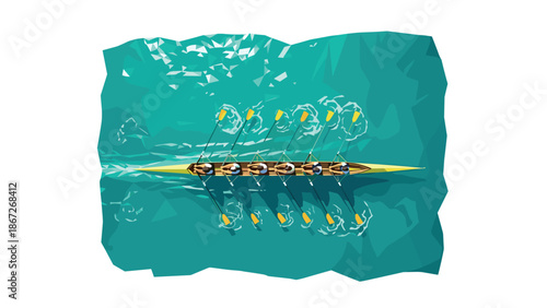 Geometric overhead view of rowers in synchrony on turquoise water