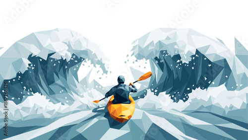 Kayaking adventure amidst geometric ocean waves with low poly art