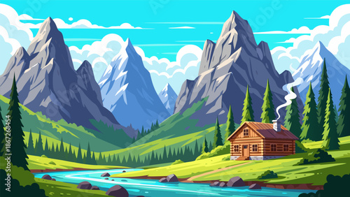 Mountain Cabin Serenity A Charming Vector Illustration of a Peaceful Alpine Landscape with a Cozy Wooden House by a Flowing River Under a Bright Blue Sky with Fluffy Clouds and Majestic Peaks