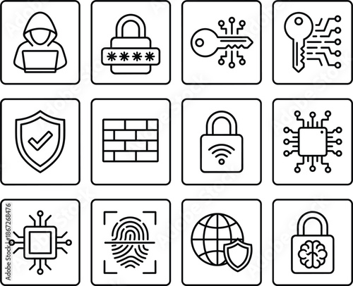 Set of 12 black line icons for cybersecurity and digital protection including encryption, biometric access, and AI-based security