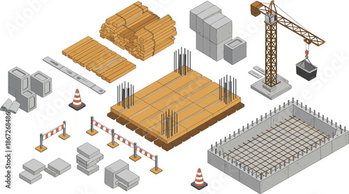 Isometric construction site illustration, building foundation process, crane and materials, concrete blocks and rebar, civil engineering vector design