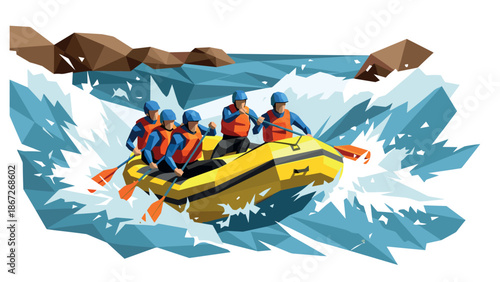 Thrilling low poly rafting adventure with a crew navigating rapids