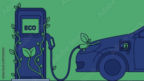 Eco-friendly electric car charging station with green leaves symbolizing sustainability and environmental consciousness