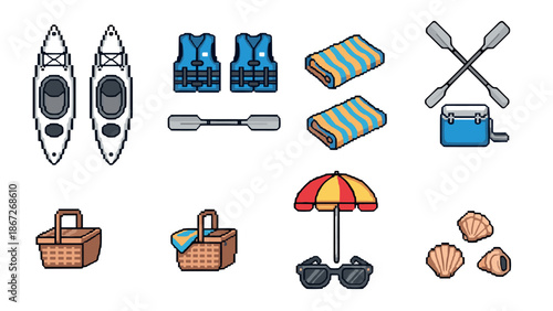 Pixel art summer picnic and kayaking essentials with beach accessories