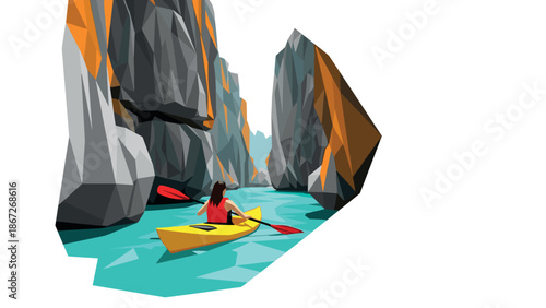 Geometric adventure: woman kayaking through crystal waters and majestic cliff formations