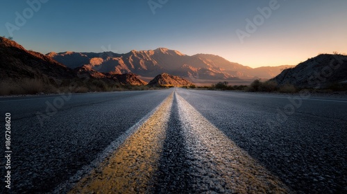 Desert Highway at Golden Hour with Majestic Mountains