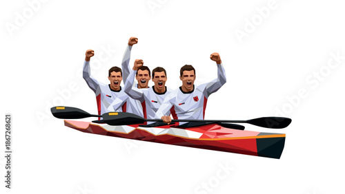 Low polygon canoe team celebrating victory on water