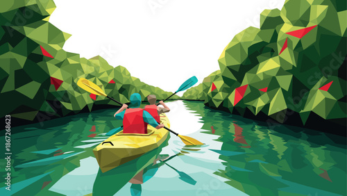 Colorful low poly canoeing adventure in a lush forest river