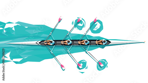 Low poly rowing team in synchronized motion on turquoise waters