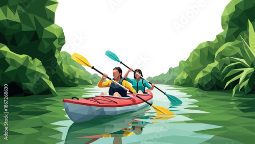 Geometric adventure: two people kayaking on a serene river surrounded by lush greenery