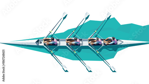Team rowing in low poly style with three rowers and oars on water