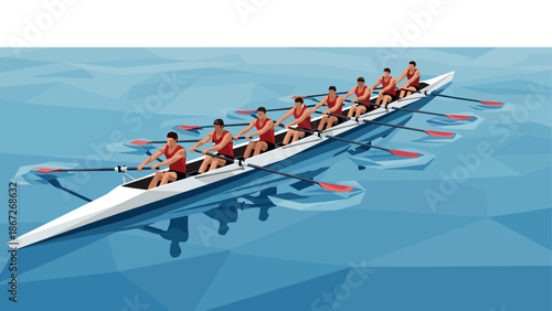 Teamwork and strength: low poly rowing team on water with blue geometric waves