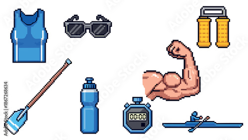 Pixel art fitness icons: muscle, kayak, stopwatch, sunglasses, water bottle
