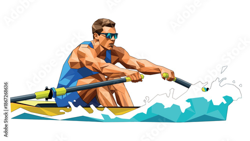 Geometric rowing athlete in action with modern low poly design