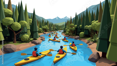 Adventure kayaking in scenic low poly forest landscape with mountains and river