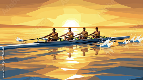 Geometric rowers at sunset on tranquil water
