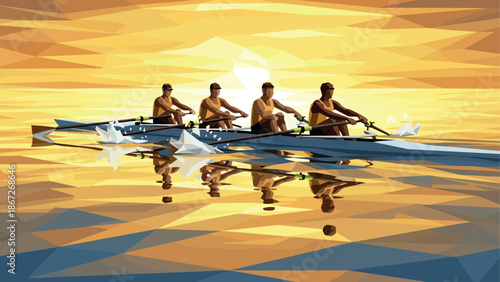 Geometric rowing team at sunrise with reflective water surface
