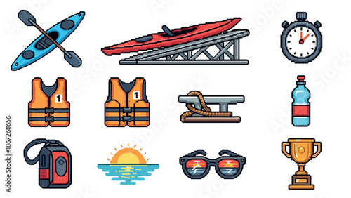 Colorful water sports icons set featuring kayaks, safety gear, and more