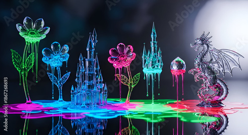 Vibrant fantasy scene with melting glass flowers and castles