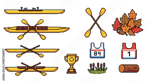 Pixel art rowing elements with trophies, paddles, and nature icons