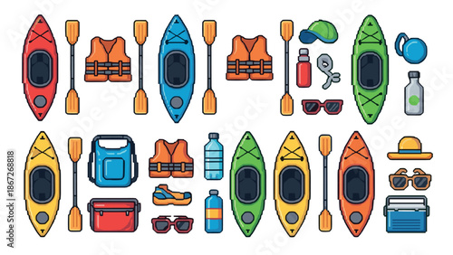 Outdoor adventure gear collection with kayaks, paddles, and accessories in pixel art style