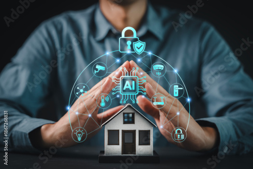 Fotografija Man protecting miniature house with AI powered smart home technology and secure
