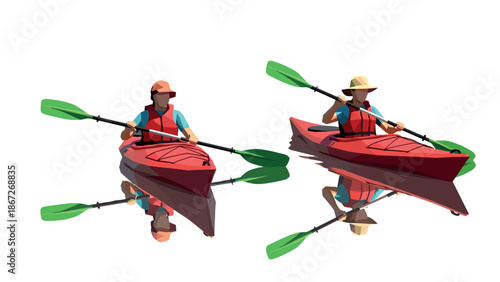 Low poly kayakers in red canoes with green paddles reflecting on water
