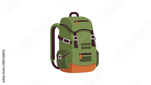 Modern flat hiking backpack with green and orange design