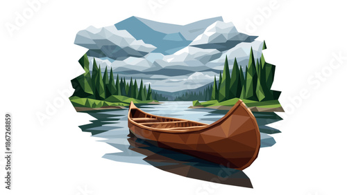 Low poly canoe on a tranquil lake surrounded by pine trees and mountains