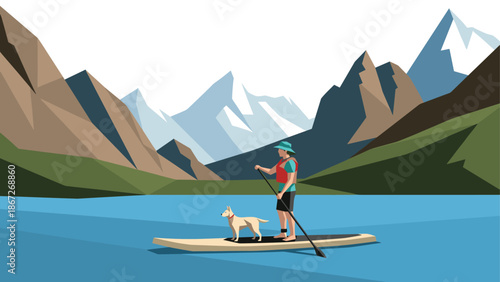 Paddle boarding adventure: dog and man on alpine lake with majestic mountain scenery
