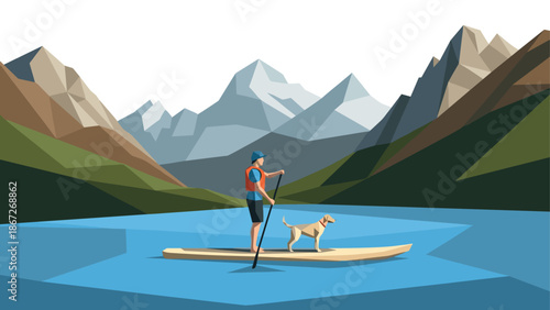 Paddleboarding adventure with dog on mountain lake in geometric art style