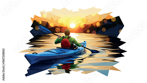Geometric sunrise kayaking adventure with vibrant colors on tranquil water