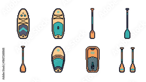 Colorful pixel art paddleboards and paddles on white background