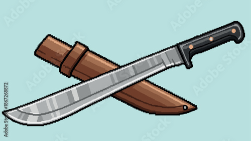Pixel art machete with sheath against light background