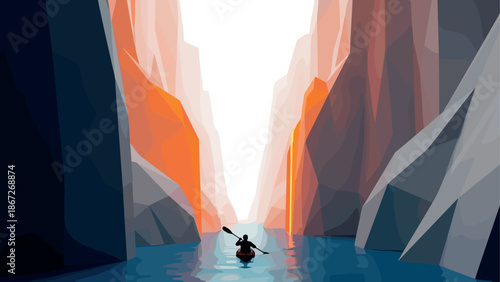 Journey through geometric canyons: tranquil kayaker in a stunning low poly landscape