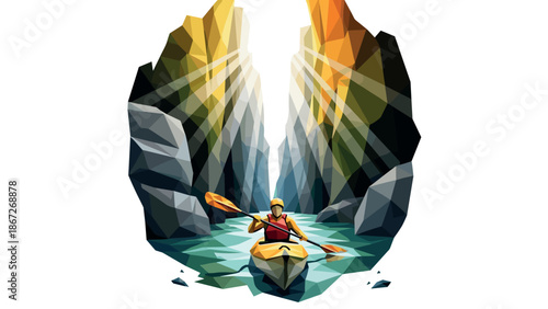 Adventurous kayaking through sunlit gorge in vibrant geometric art style